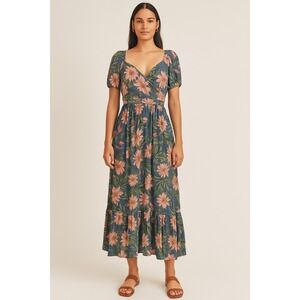 Julia Jordan Puff-Sleeve Fit & Flare Midi Dress Size 10 Gray Pink Floral Print